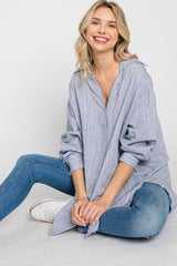 Grey Striped Button Up Top