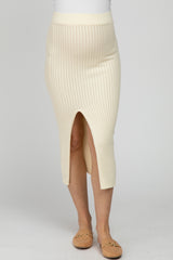 Ivory Ribbed Knit Side Slit Maternity Midi Skirt