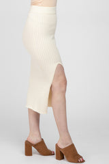 Ivory Ribbed Knit Side Slit Midi Skirt