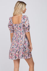 Navy Blue Floral Square Neck Puff Sleeve Babydoll Dress