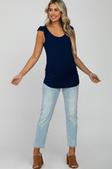 Navy Blue Ribbed Ruffle Shoulder Maternity Tank Top