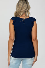 Navy Blue Ribbed Ruffle Shoulder Maternity Tank Top