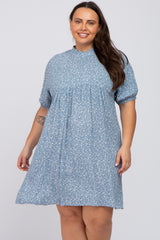 Blue Floral Mock Neck Plus Dress