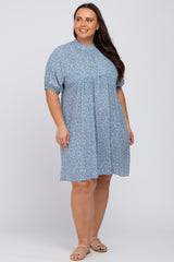 Blue Floral Mock Neck Plus Dress