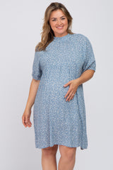 Blue Floral Mock Neck Maternity Plus Dress