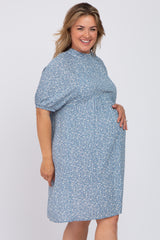 Blue Floral Mock Neck Maternity Plus Dress