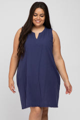 Navy Blue Split V-Neck Fringe Hem Plus Dress