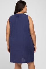 Navy Blue Split V-Neck Fringe Hem Plus Dress