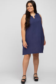 Navy Blue Split V-Neck Fringe Hem Plus Dress