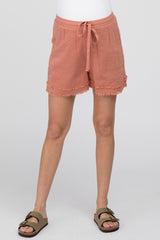 Mauve Striped Fringe Hem Maternity Shorts