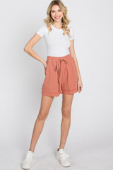 Mauve Striped Fringe Hem Shorts