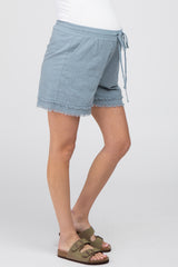 Light Blue Striped Fringe Hem Maternity Shorts