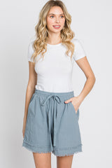 Light Blue Striped Fringe Hem Maternity Shorts