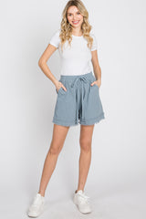 Light Blue Striped Fringe Hem Shorts