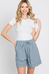 Light Blue Striped Fringe Hem Shorts