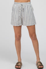 Navy Blue Striped Linen Drawstring Shorts