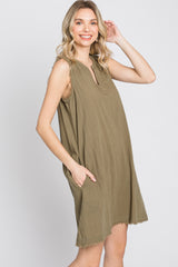 Olive Split V-Neck Fringe Hem Dress