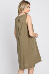 Olive Split V-Neck Fringe Hem Dress