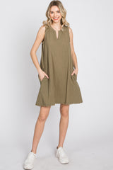 Olive Split V-Neck Fringe Hem Dress