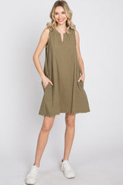 Olive Split V-Neck Fringe Hem Dress