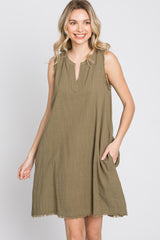 Olive Split V-Neck Fringe Hem Dress