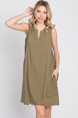 Olive Split V-Neck Fringe Hem Dress