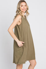 Olive Split V-Neck Fringe Hem Dress