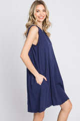 Navy Blue Split V-Neck Fringe Hem Dress