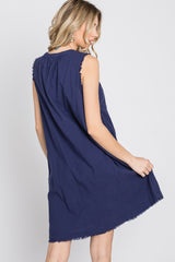 Navy Blue Split V-Neck Fringe Hem Dress