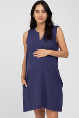 Navy Blue Split V-Neck Fringe Hem Maternity Dress