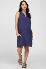 Navy Blue Split V-Neck Fringe Hem Maternity Dress