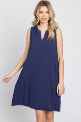 Navy Blue Split V-Neck Fringe Hem Dress