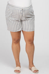 Navy Blue Striped Linen Drawstring Maternity Plus Shorts