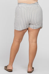 Navy Blue Striped Linen Drawstring Plus Shorts