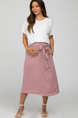 Mauve Front Tie Maternity Midi Skirt