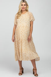 Yellow Floral Chiffon Puff Sleeve Tiered Maternity Midi Dress