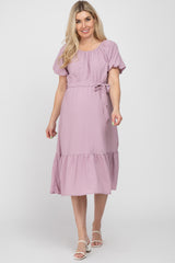 Lavender Waist Tie Short Puff Sleeve Maternity Midi Dress