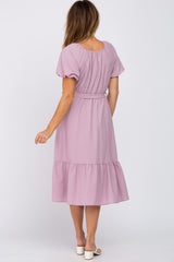 Lavender Waist Tie Short Puff Sleeve Midi Dress