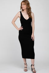 Black Ribbed Sleeveless Knit Midi Dress