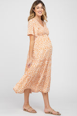 Peach Floral Tiered Maternity Midi Dress