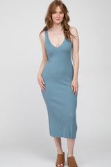 Blue Ribbed Sleeveless Knit Maternity Midi Dress