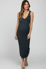 Charcoal Ribbed Sleeveless Knit Maternity Midi Dress