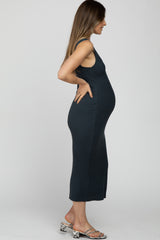 Charcoal Ribbed Sleeveless Knit Maternity Midi Dress