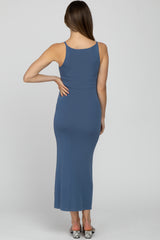 Blue Sleeveless Knit Maternity Midi Dress