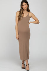 Taupe Sleeveless Knit Maternity Midi Dress