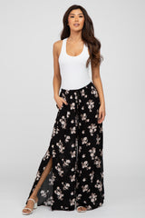 Black Floral Split Hem Pants