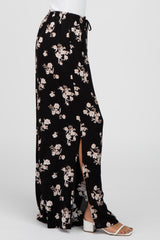 Black Floral Split Hem Pants