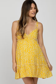 Yellow Floral Sleeveless Ruffle Hem Maternity Mini Dress