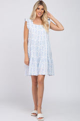 Blue Floral Square Neck Ruffle Sleeve Tiered Dress