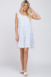 Blue Floral Square Neck Ruffle Sleeve Tiered Dress